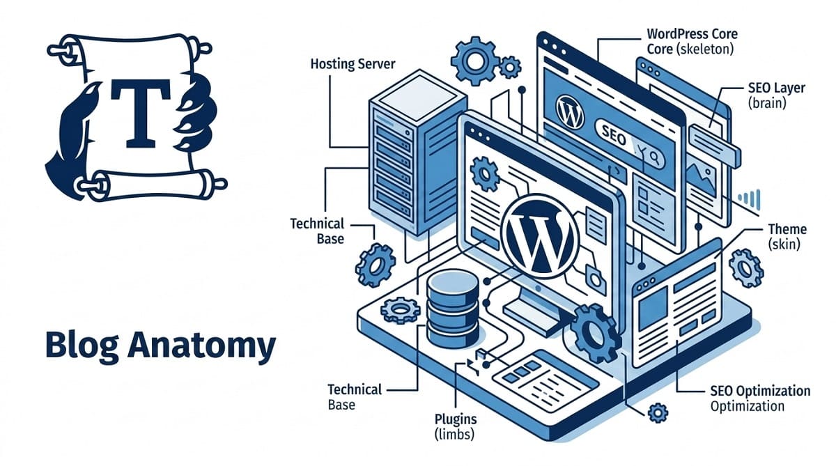 An isometric technical illustration for the Blog Anatomy category, featuring the Text Monster logo and a breakdown of WordPress core structure, hosting, and SEO optimization.