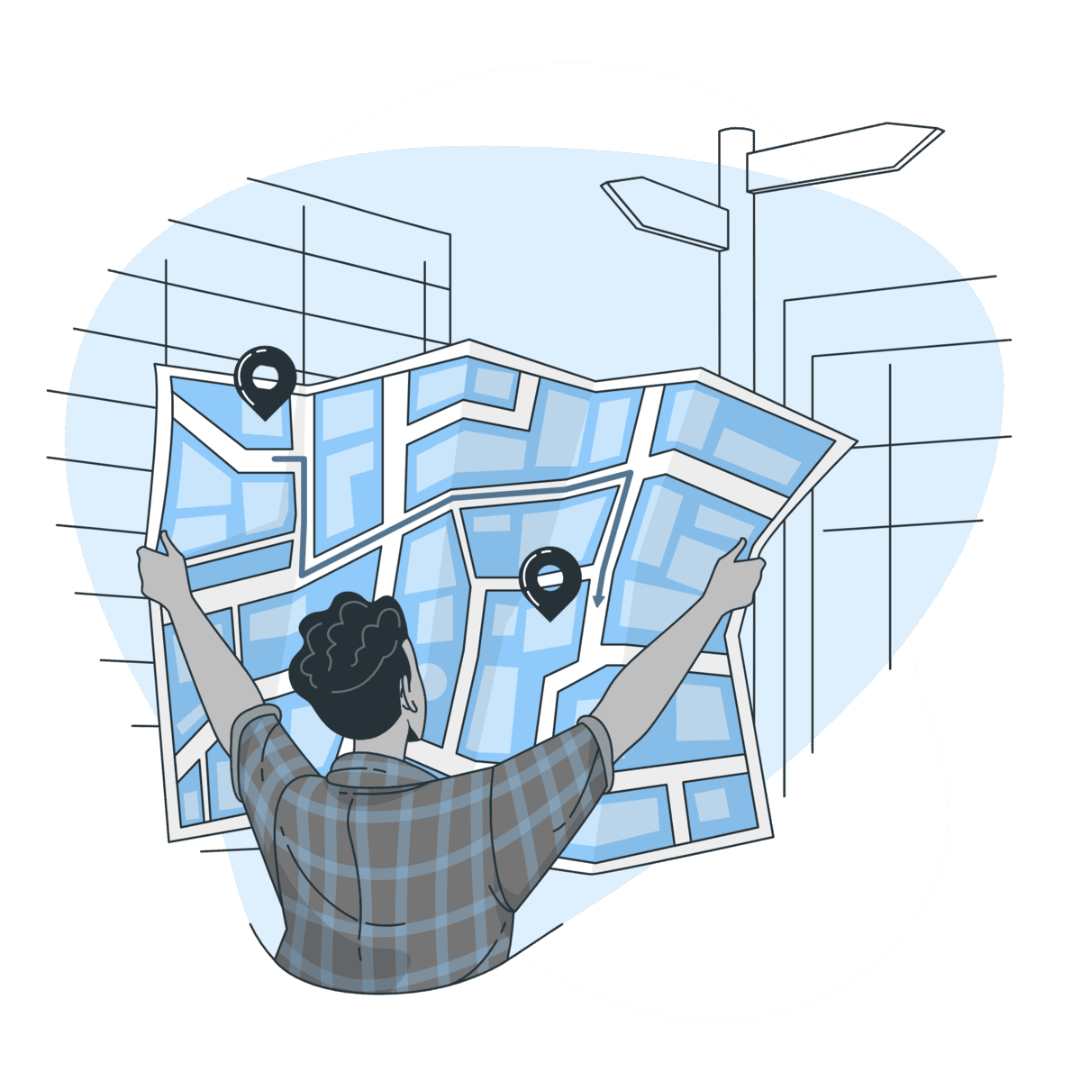 Illustration for the blog sitemap: a person holding an open map with markers, symbolizing easy navigation and finding articles on the Text Monster website.
