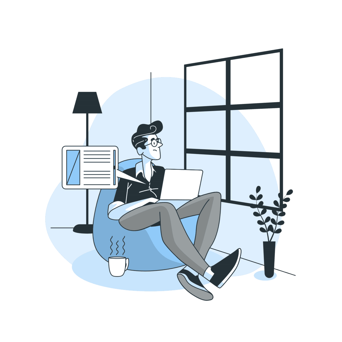 Minimalist illustration of a blogger working on a laptop in a cozy atmosphere, representing a 24/7 creative mindset.