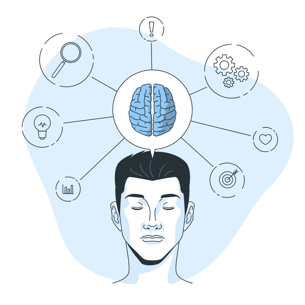 Conceptual illustration of a person's head with a brain and icons representing creativity, analysis, goals, and communication, symbolizing a blogger's mindset.