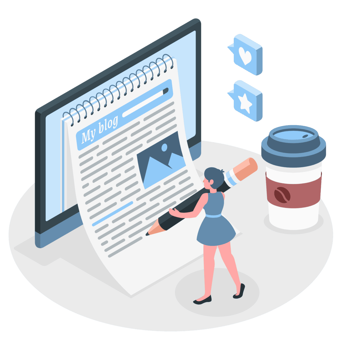 Isometric illustration of a creator with a giant pencil writing on a digital screen, symbolizing the blogging connection with the world.