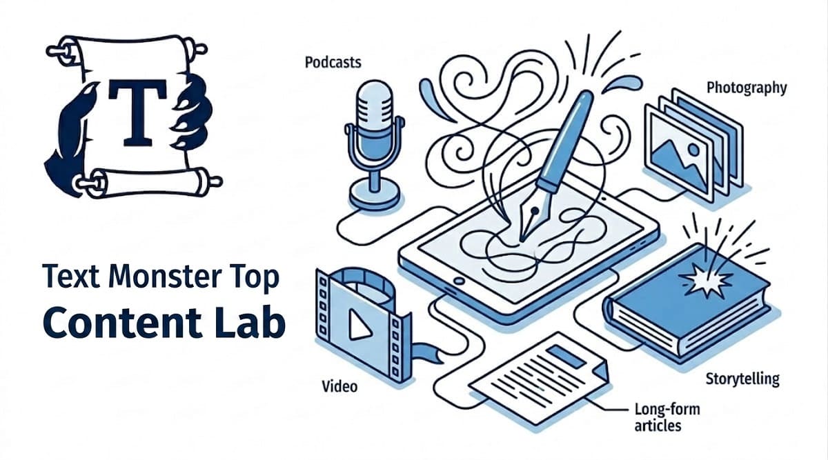 A creative illustration for the Content Lab category featuring the Text Monster Top logo and icons for storytelling, podcasts, video, and photography.