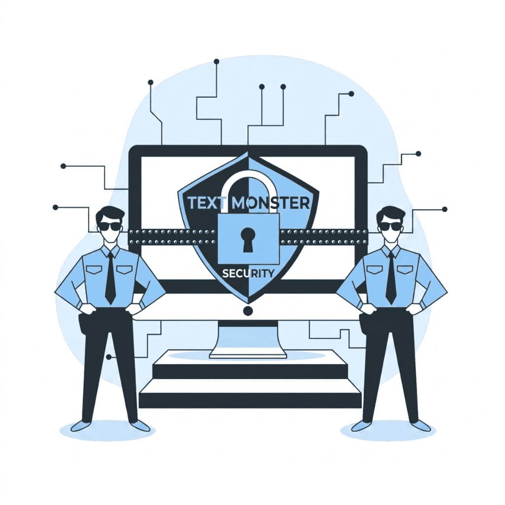 Branded illustration of Text Monster Security: two guards protecting a monitor with a padlock and shield, symbolizing data safety and privacy on the blog.