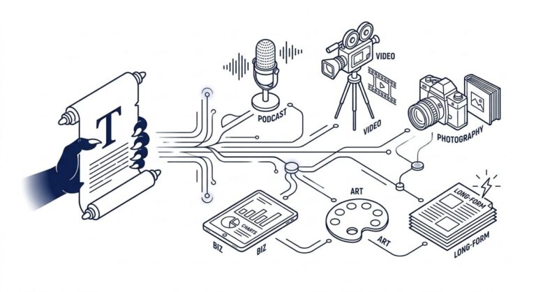 An isometric diagram visualizing different types of blogs: podcasts, video, photography, and long-reads, extending from a central scroll with the Text Monster logo.