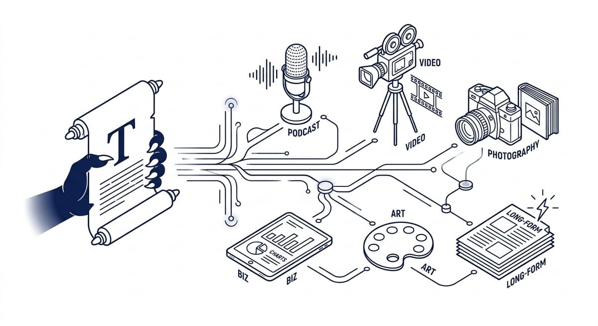 An isometric diagram visualizing different types of blogs: podcasts, video, photography, and long-reads, extending from a central scroll with the Text Monster logo.