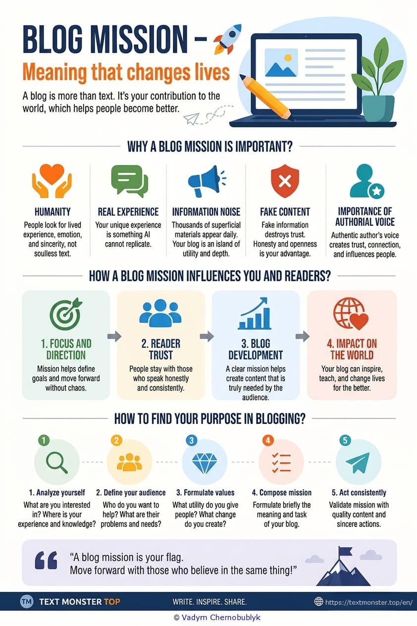 How to Find Your Blogging Purpose: Infographic Infographic about blog mission: importance of humanity, real experience, and building reader trust in the age of AI.