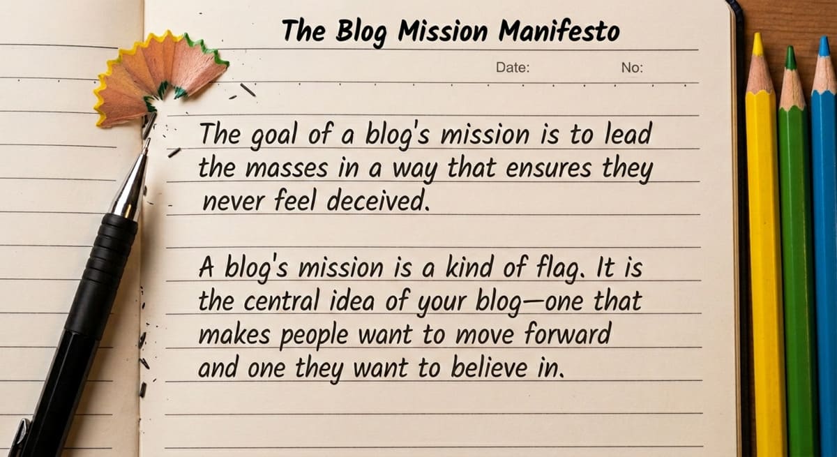 Notebook with handwritten text about the blog's mission, central idea, and building trust with readers.