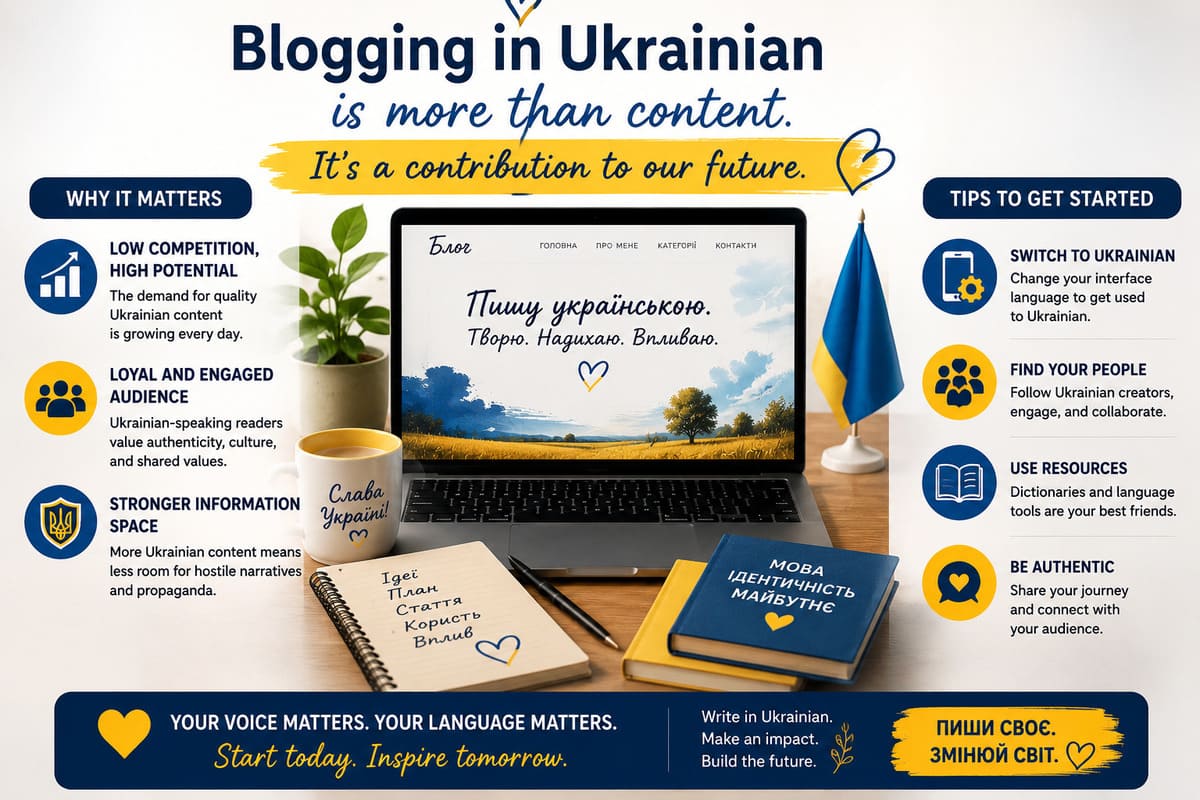 Blogging in Ukrainian — Why Authentic Voices Matter in the Digital Era Infographic about blogging in Ukrainian featuring digital content creation, cultural identity, audience growth, and authentic Ukrainian-language communication.