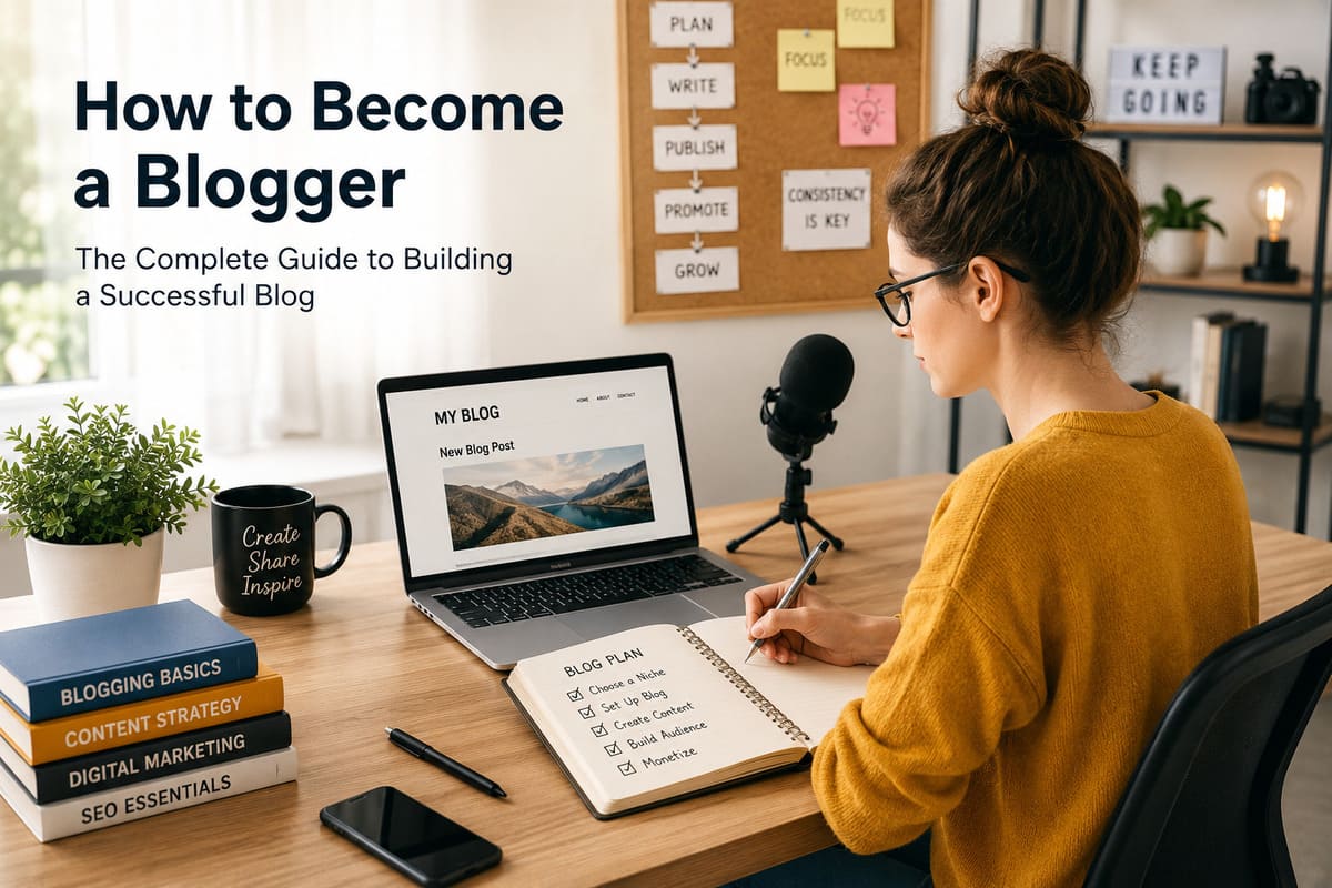 Modern blogger workspace with content creation setup and blogging strategy notes.