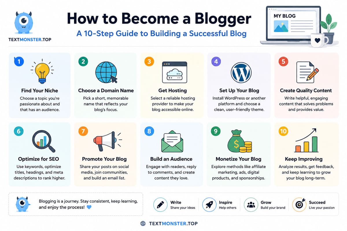 Step-by-step infographic explaining how to become a successful blogger.