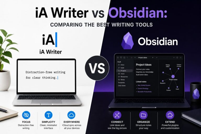 A side-by-side comparison of iA Writer and Obsidian interfaces on laptops, highlighting minimalist writing vs. structured knowledge management.
