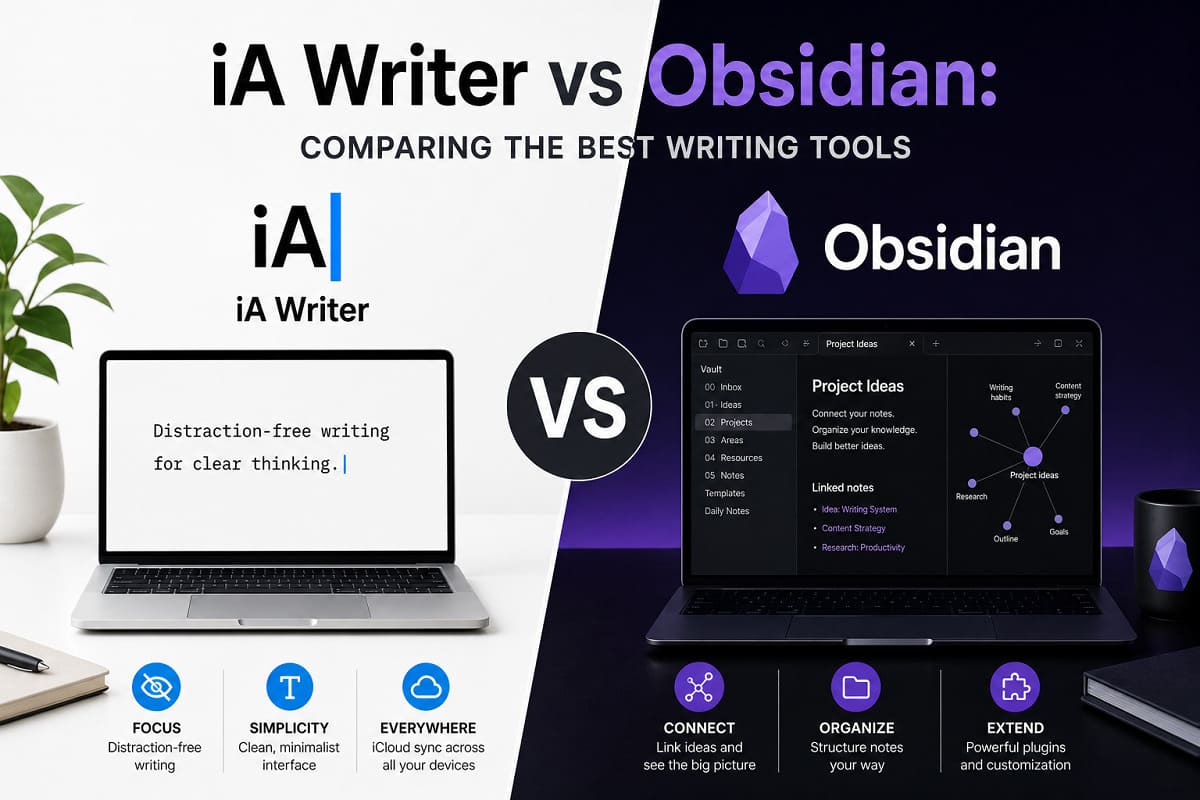 A side-by-side comparison of iA Writer and Obsidian interfaces on laptops, highlighting minimalist writing vs. structured knowledge management.
