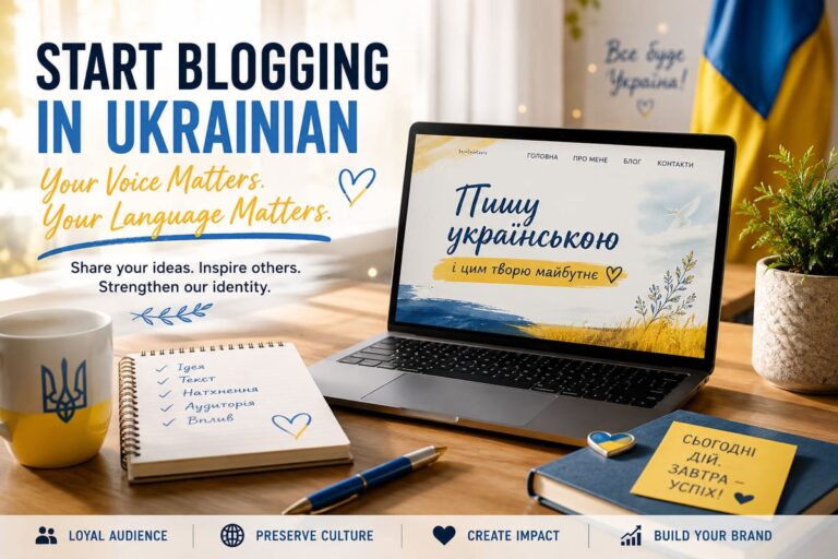 Modern illustration of a Ukrainian blogger creating content in Ukrainian with national colors, digital publishing elements, and a creative workspace atmosphere.