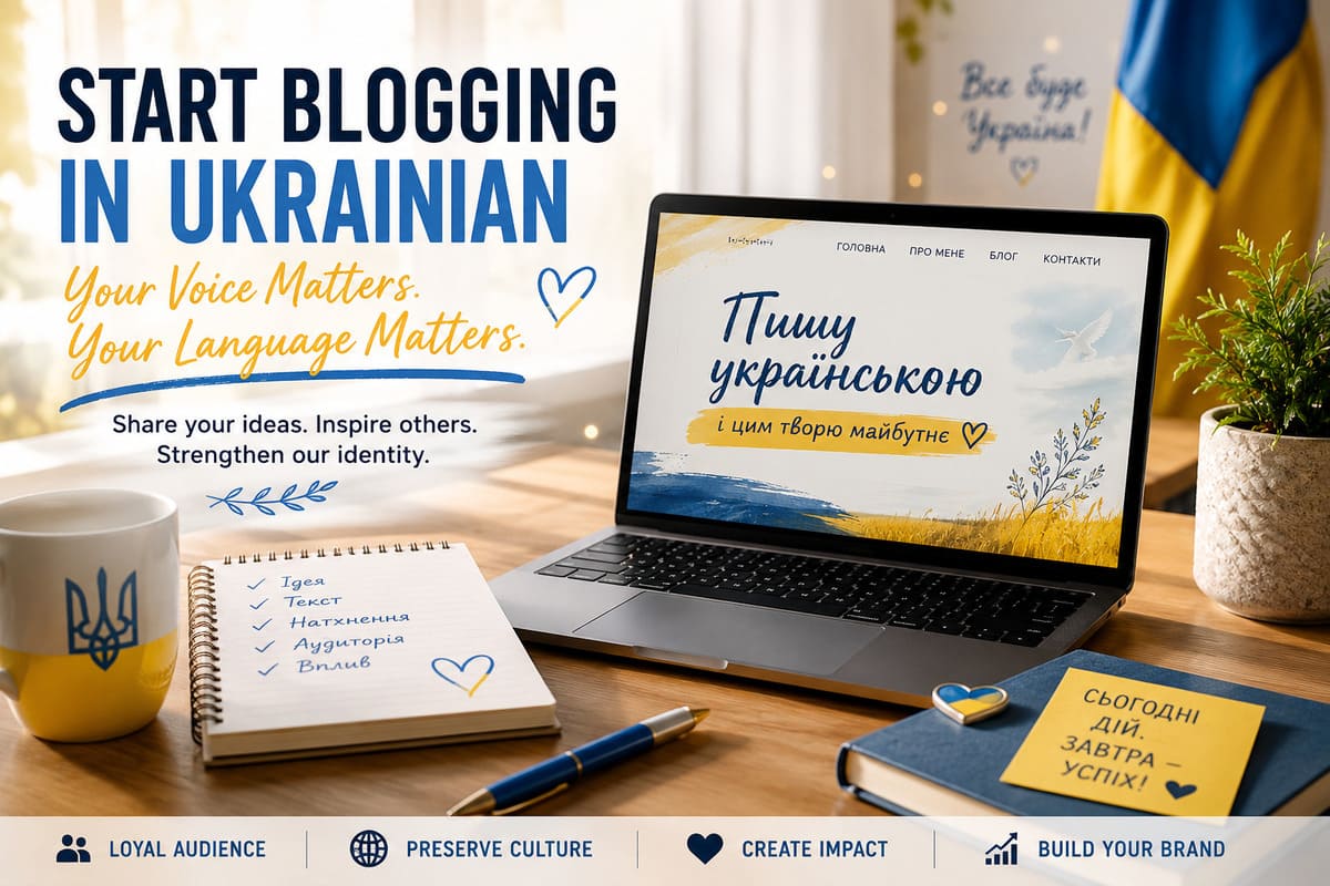 Modern illustration of a Ukrainian blogger creating content in Ukrainian with national colors, digital publishing elements, and a creative workspace atmosphere.