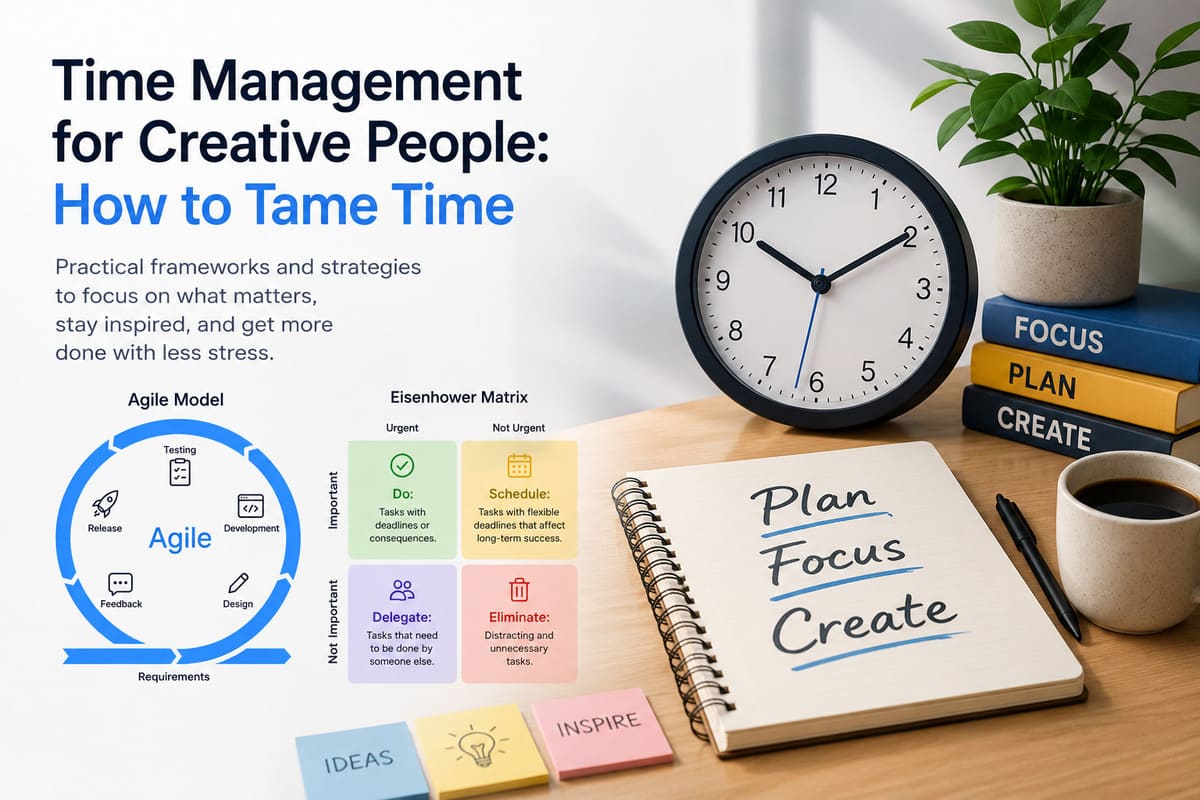 Creative workspace with Agile Model and Eisenhower Matrix illustrating time management strategies for creative people.