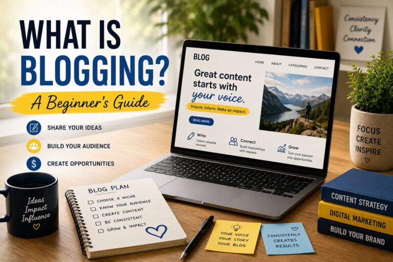 Featured illustration explaining what blogging is, showing a modern blogging workspace with a laptop, content planning notes, and elements of digital content creation for beginners.