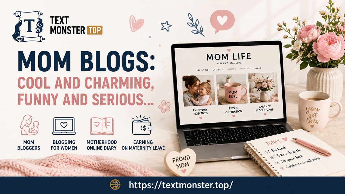 Mom blogs: a laptop with the open Mom Blog website, a notebook, and a cup on a mom blogger's desk by Text Monster.