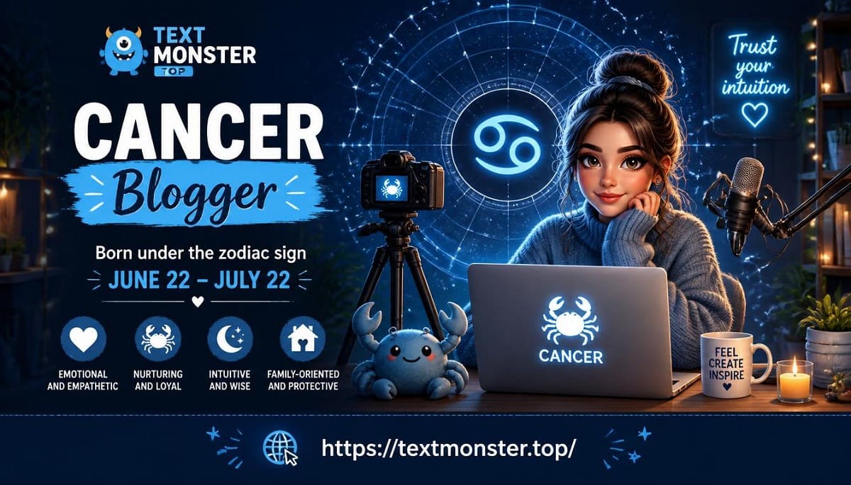 Cancer Blogger: A creator's workspace with a laptop displaying an astrological calendar, a cup of tea, and zodiac symbols by Text Monster.