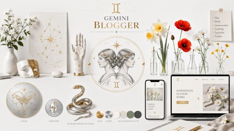 Gemini blogger — logo, favicon, color palette, and zodiac sign symbols.