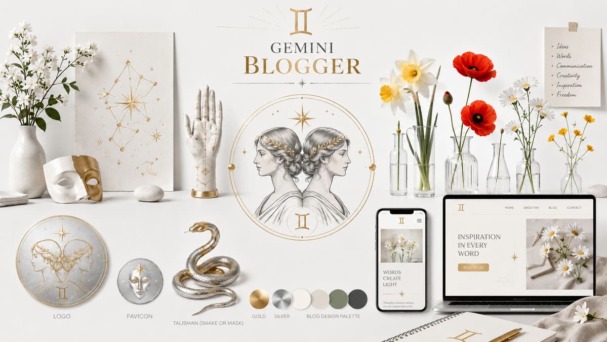 Gemini blogger — logo, favicon, color palette, and zodiac sign symbols.
