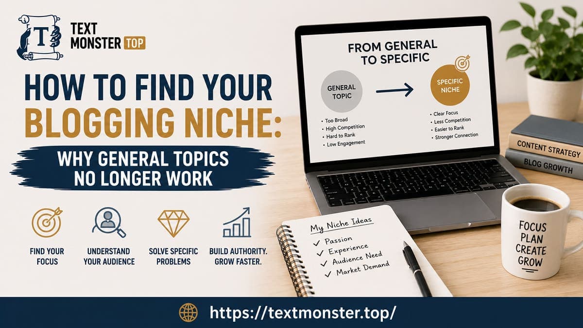 How to find your blogging niche infographic on a laptop screen showing transition from general topic to specific niche, a notepad with niche ideas, and a coffee mug by Text Monster.