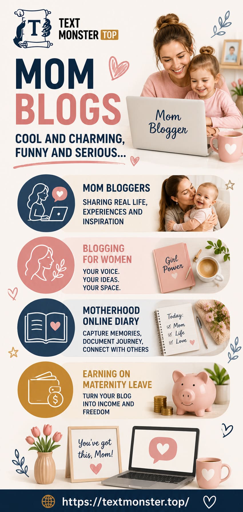 Infographic Mom Blogs: Benefits and Monetization by Text Monster Infographic about mom blogs covering mom bloggers, blogging for women, motherhood online journal, and earning in maternity leave.
