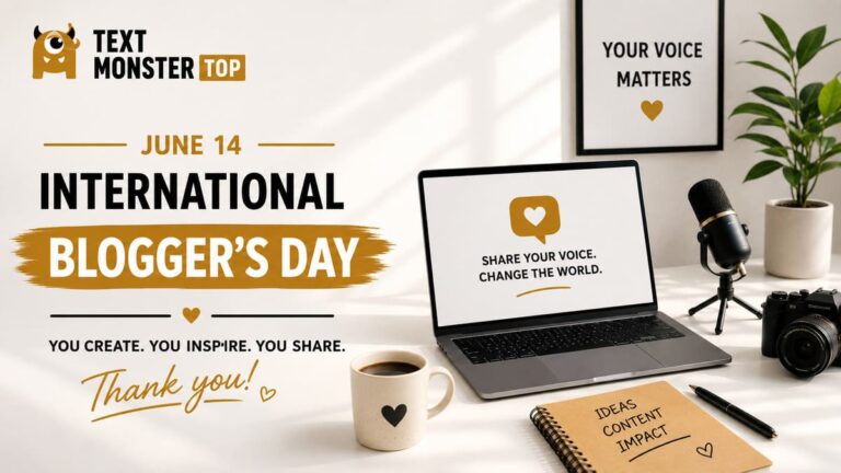 A festive banner celebrating International Blogger's Day, featuring a modern content creator's workspace.