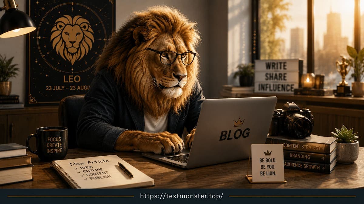 Illustration of a lion sitting at a computer and writing a blog post.
