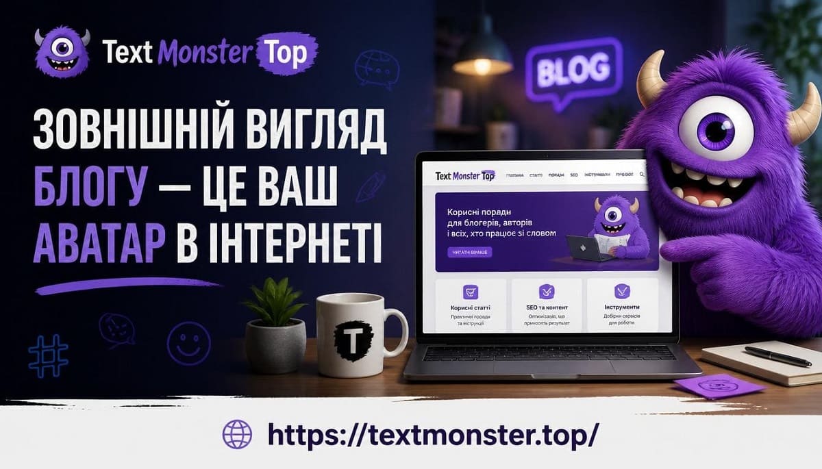 Зовнішній вигляд блоґу Text Monster як цифровий аватар в Інтернеті.