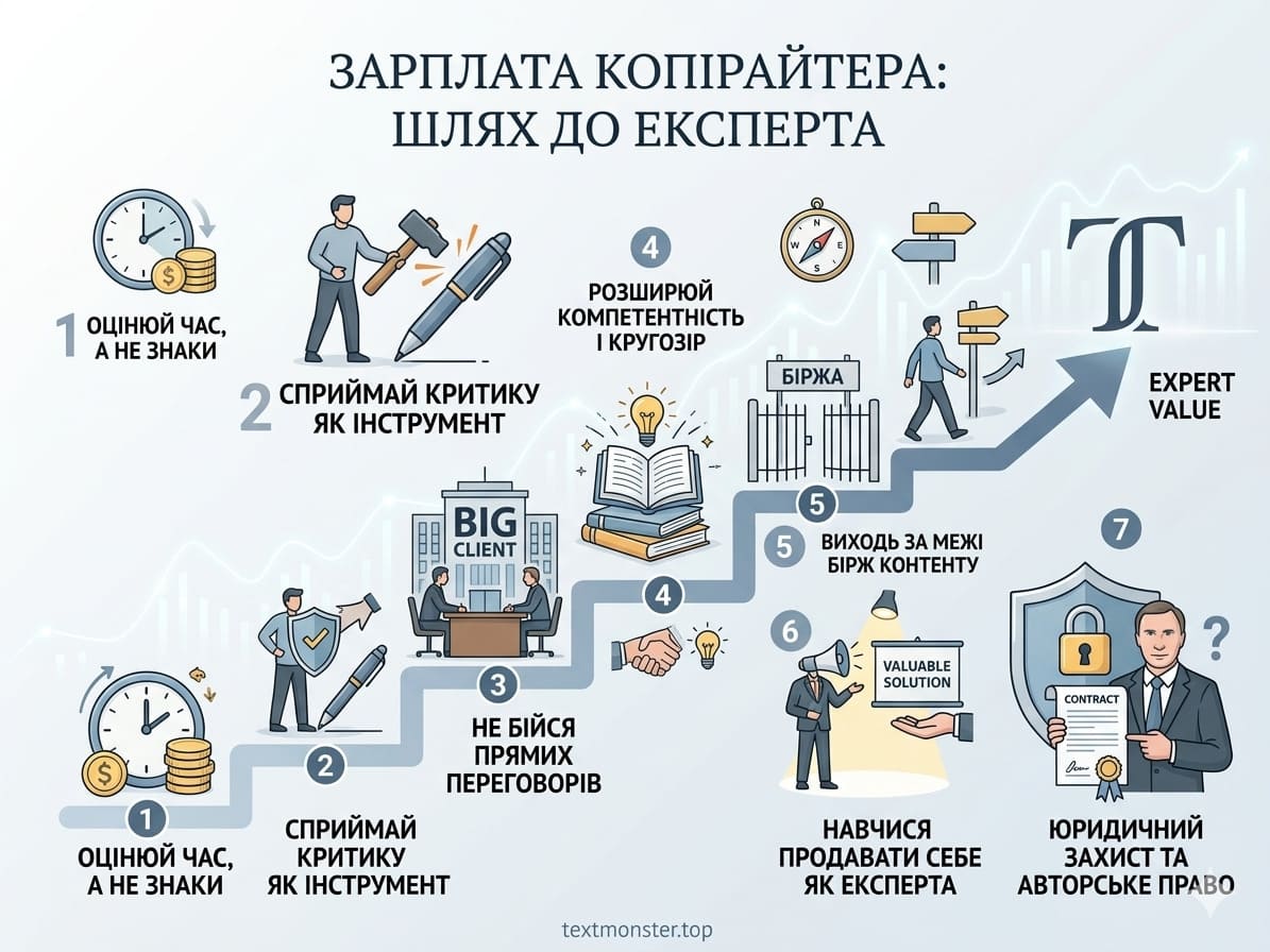 Покрокова інструкція копірайтера: як збільшити заробіток та уникнути втрати грошей Інфографіка: 7 кроків до високої зарплати копірайтера та виходу на рівень експерта.