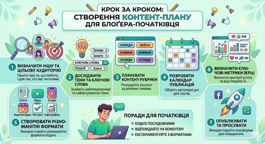 Схема з 7 кроків для блоґера-початківця: від вибору ніші до аналізу метрик та публікації контенту.