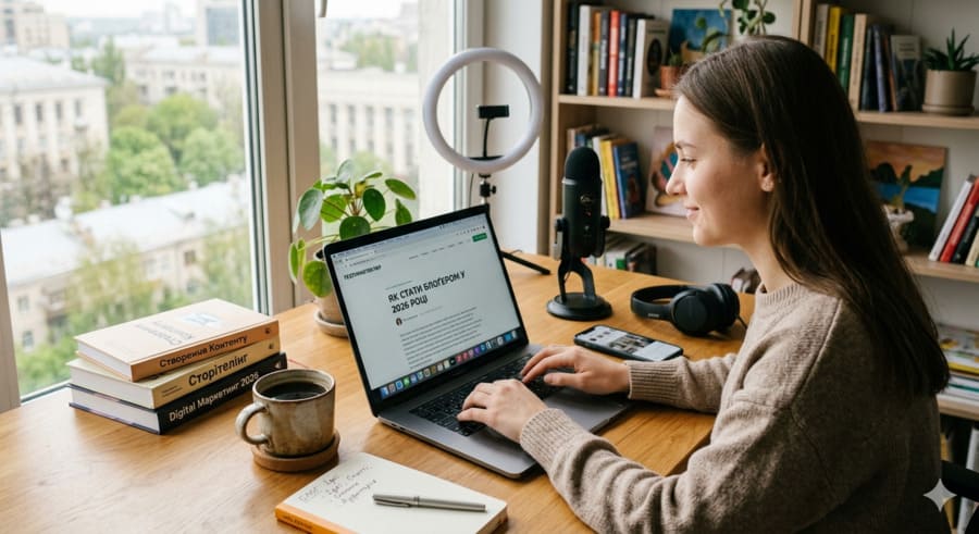 Дівчина-блоґерка працює за ноутбуком у світлій кімнаті з книгами та кавою, готуючи статтю для свого блоґу.