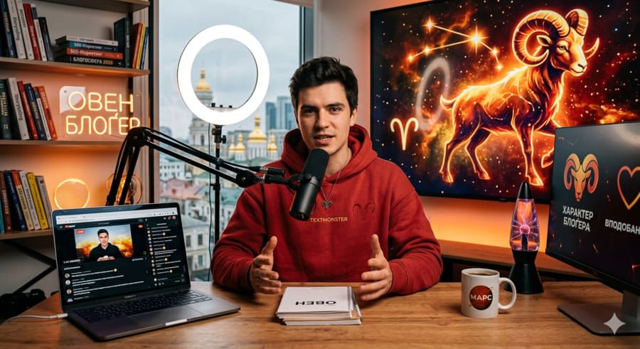 Блоґер-Овен у червоному худі працює за ноутбуком у сучасному кабінеті з професійним мікрофоном та символікою Марса.