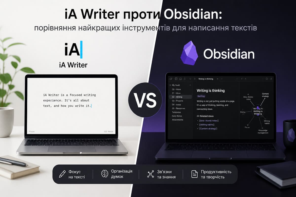 Порівняння інтерфейсів iA Writer та Obsidian: мінімалістичний простір для письма проти структурованої бази знань із графом зв'язків.