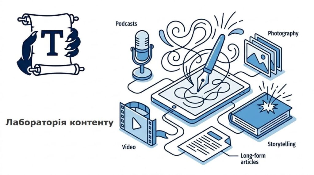 Креативна ілюстрація лабораторії контенту з елементами сторітелінгу, відео, подкастів та текстового дизайну, що символізує творчий процес блоґера.