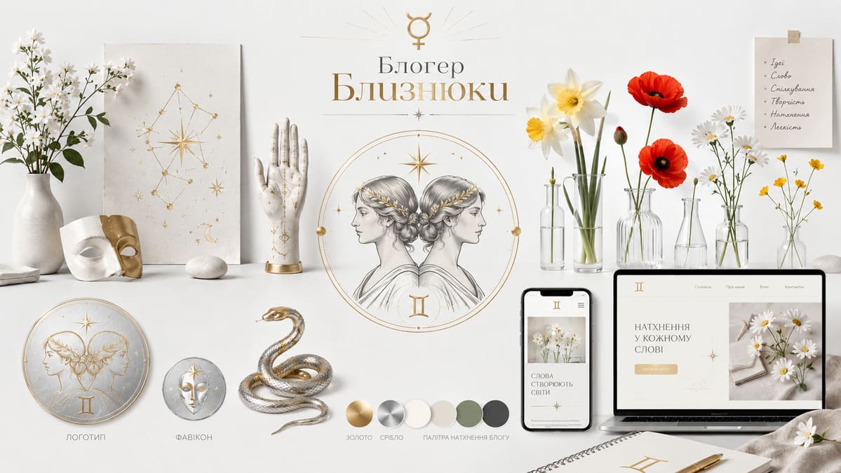 Блоґер Близнюки — логотип, фавікон, палітра та символи знаку.