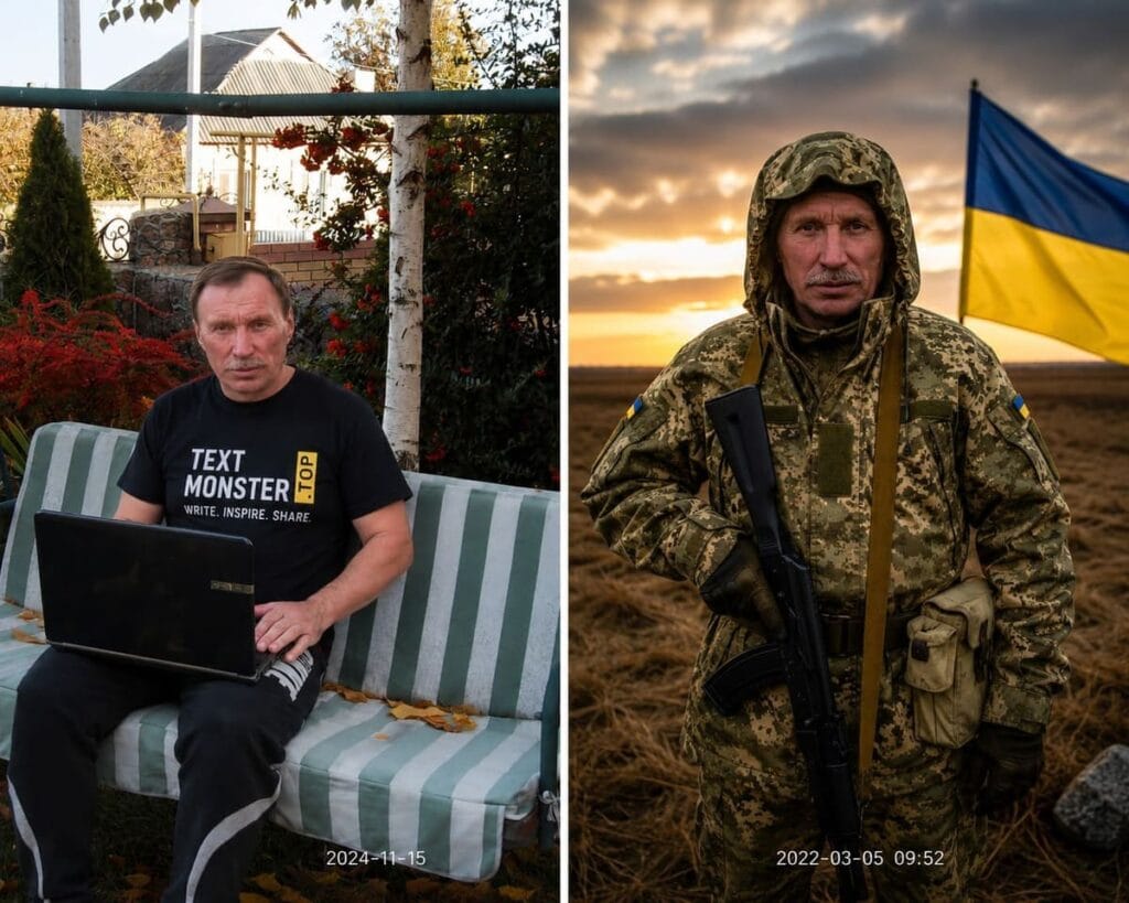 Колаж автора блоґу з ноутбуком в мирний час та воїна — захисника України.