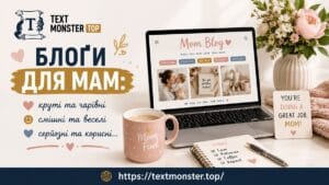 Блоґи для мам: ноутбук із відкритим сайтом Mom Blog, блокнот та чашка на столі мами-блоґерки від Text Monster.