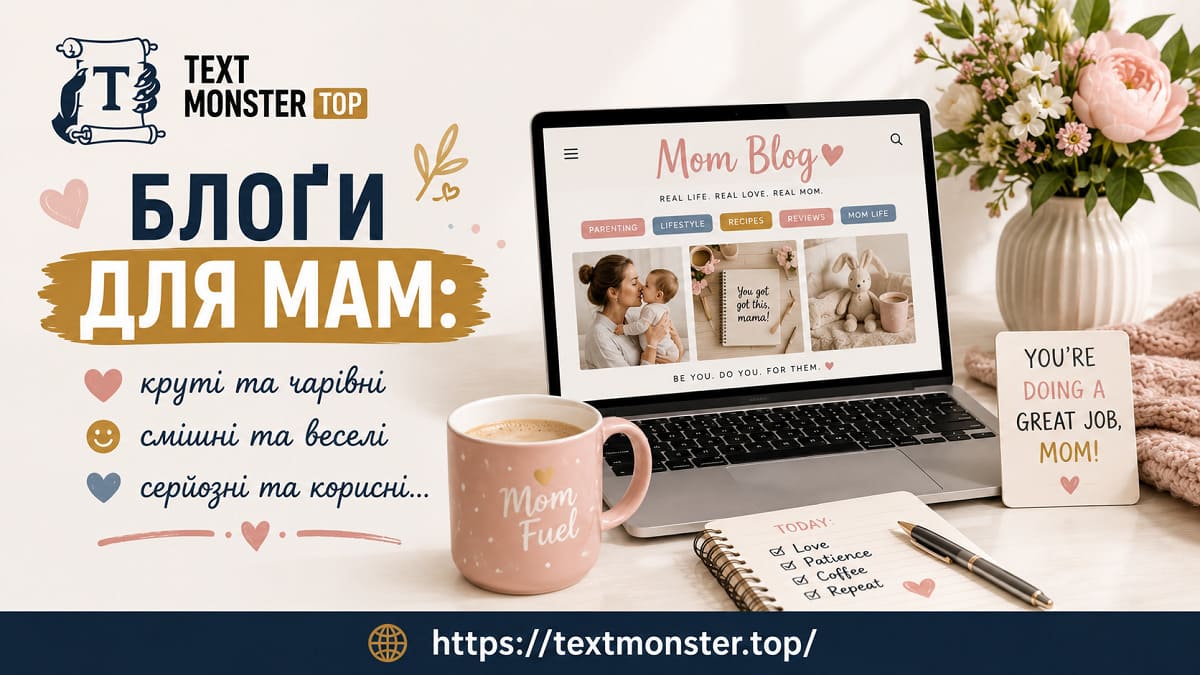 Блоґи для мам: ноутбук із відкритим сайтом Mom Blog, блокнот та чашка на столі мами-блоґерки від Text Monster.