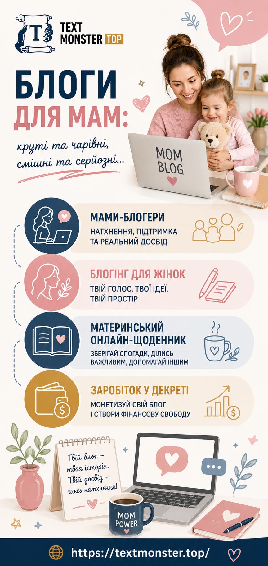 Інфографіка блоґи для мам про мами-блоґери, блоґінг для жінок, материнський онлайн-щоденник та заробіток у декреті.